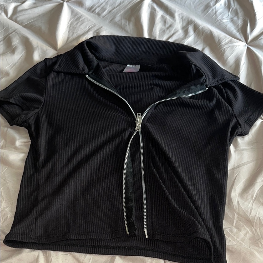 Black Zip-Up Ribbed Top